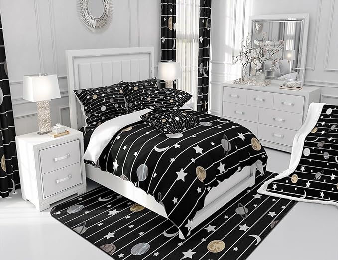 Cartoon Planet Bedding Set Starry Galaxy Duvet Cover Set Moon Night Comforter Cover Set Black White Lines Bedspread Cover Bedroom Quilt Cover 2Pcs Twin with 1 Pillowcase,No Comforter