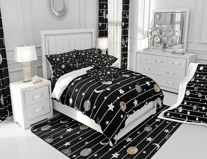 Cartoon Planet Comforter King Size,Starry Galaxy Comforter Set Bedding Set for Kids Adults,Moon Night Black White Lines Duvet Set Ultra Soft Room Decor 3Pcs Quilt Set