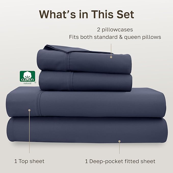 California Design Den Natural 100% Cotton Sheets for Queen Size Bed - Soft 400 Thread Count Sateen, Deep Pockets with All Around Elastic for a Snug Fit, Durable Bedding - Indigo Dusty Blue