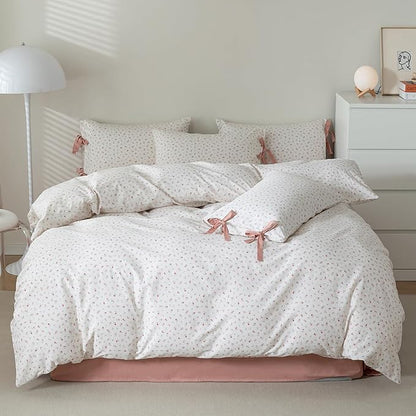 HighBuy Farmhouse Comforter Set Twin XL Botanical Floral Bedding Comforters for Teen Girls with 2 Bowknot Bow Tie Pillowcases Fluffy Soft Coquette Boho Comforter Cozy,Comfy Striped Comforter