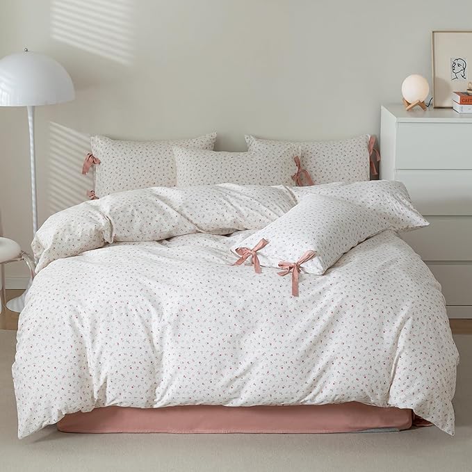 HighBuy Boho Floral Comforter Set Queen Floral Cottagecore Bedding Comforter Set with 2 Bowknot Bow Tie Pillowcases Pink Floral Queen Comforter Sets Coquette Bedding Sets for Women Girl Fluffy