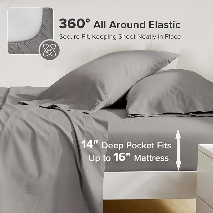 Comfort Spaces 100% Cotton Sheets Cal King, Breathable & Soft Cotton Sheets, Naturally Cool Cotton Bed Sheets with 14" Elastic Pocket Fits up to 16" Mattress, All Season Sheet Set, Dark Gray 4 Piece
