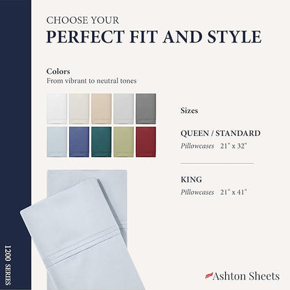 Ashton Sheets 100% Egyptian Cotton Pillow Cases King Size Set of 2 - Luxury 1200 Thread Count Sateen Light Blue Pillow Covers, Soft & Breathable Extra Long Staple Pillowcases, Fits King Size Pillows