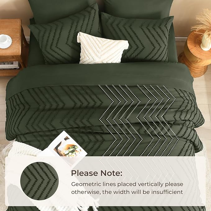 Litanika Super King Plus Size Comforter Set with Sheets Olive Green - 7 Pieces Bed in a Bag Oversized King Boho Tufted Complete Bedding Sets with Comforter, Sheets, Pillowcases & Shams