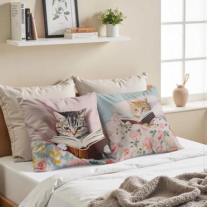 Funny Cat Reader Book Pillow Cover 18 x 18 Set of 2, Reading Nook Corner Decor, Gifts for Book Lovers, Preppy Floral Black Orange Tabby Tuxedo Cats Bookish Pillowcase（01）