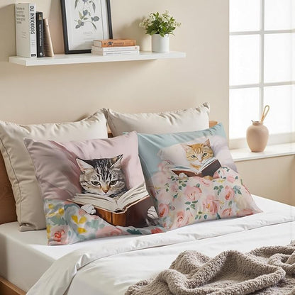Funny Cat Reader Book Pillow Cover 18 x 18 Set of 2, Reading Nook Corner Decor, Gifts for Book Lovers, Preppy Floral Black Orange Tabby Tuxedo Cats Bookish Pillowcase（01）