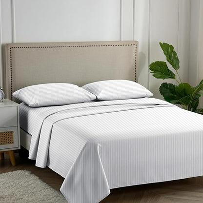 Carressa Linen Luxury Egyptian Cotton King Stripe Sheet Set - 600 Thread Count Extra Long Staple 4 PC Set, Crisp White King Damask Sheets, Soft Cooling Sateen Weave Sheets Upto 18 in Deep Pocket