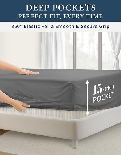 LANE LINEN 100% Egyptian Cotton Luxury Bedding Queen Sheet Set, Fade Resistant, No Pill, Naturally Cooling, Soft & Comfy Silky Smotth Sateen Weave Sheets - Charcoal Gray