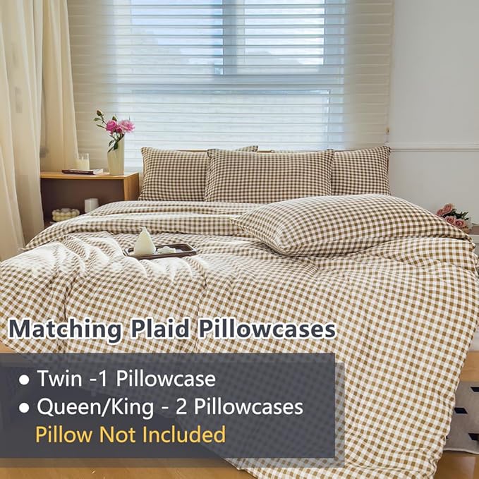 NSNLGSGC Twin Comforter Set, Tan Gingham Bedding Sets, Brown Grid Bed Comforter 2 Pieces (1 Comforter, 1 Pillowcase)