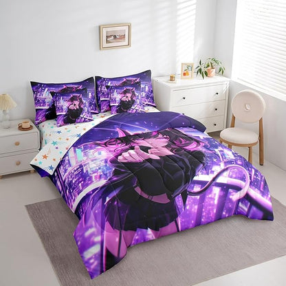Erosebridal Kids Anime Girl Full Comforter Set 7 Piece, Japanese Anime Bed in A Bag, Cartoon Girl Bedding Comforter Sets for Boys Teens Bedroom Decor, Kawaii Japanese Animation Bed Set