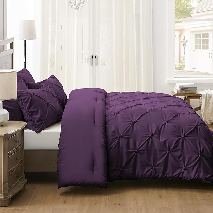 UNIKOME Queen Comforter Set Purple - Ultra Soft Boho Pintuck Down Alternative Bedding Set for All Seasons, 3 Pieces Lightweight Warm Pinch Pleat Bed Set with Comforter, 2 Pillowcases