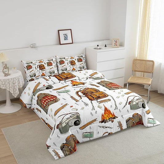 Feelyou Camping Comforter Set Toddler Size Camper Comforter Accessories for Travel Trailers Bedding Set Camping Backpack Print Duvet Set Room Decor Jade White Quilt Set