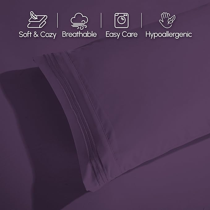 Elegant Comfort Luxurious 1500 Premium Hotel Quality Microfiber 4-Piece Sheet Set, 18-24 Inches Deep - Extra Deep Pocket Sheets - Ultra Soft 4PC Deep Pocket Sheets, Queen, Eggplant-Purple