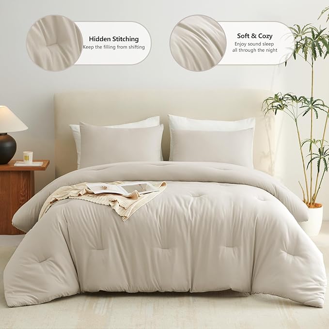 CozyLux King Size Comforter Set Oatmeal, 3 Pieces Solid Comforters King Size Breathable Quilted Bedding Sets, Luxury Soft Lightweight Bed Set with Down Alternative Comforter and 2 Pillowcases
