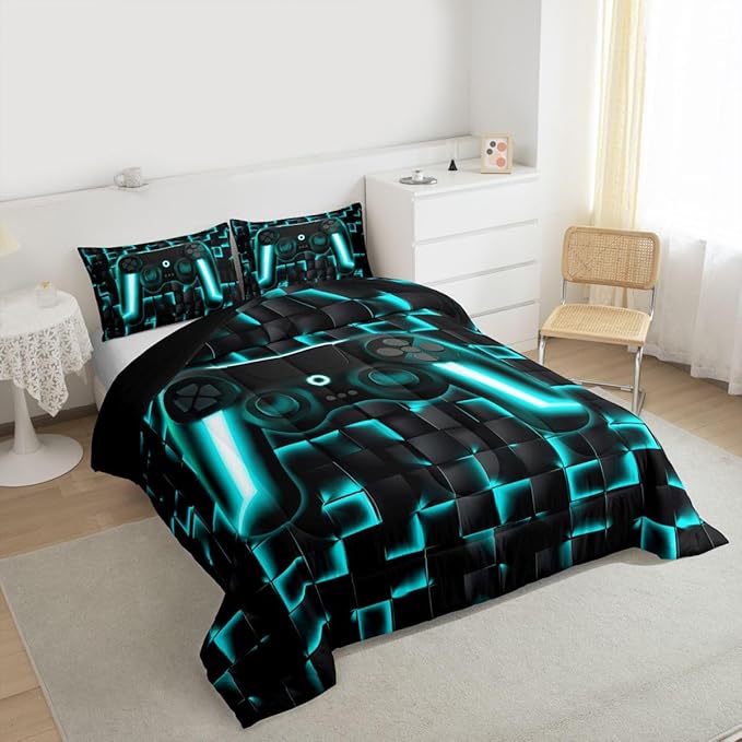 Erosebridal Gaming Bedding Set Full Comforter Set for Boys Kids Geometric Gamer Bedding Sets Teal Black Ombre Checkered Gamepad Quilt Duvet Neon Game Console Bed Cmforter Set 3 Pcs