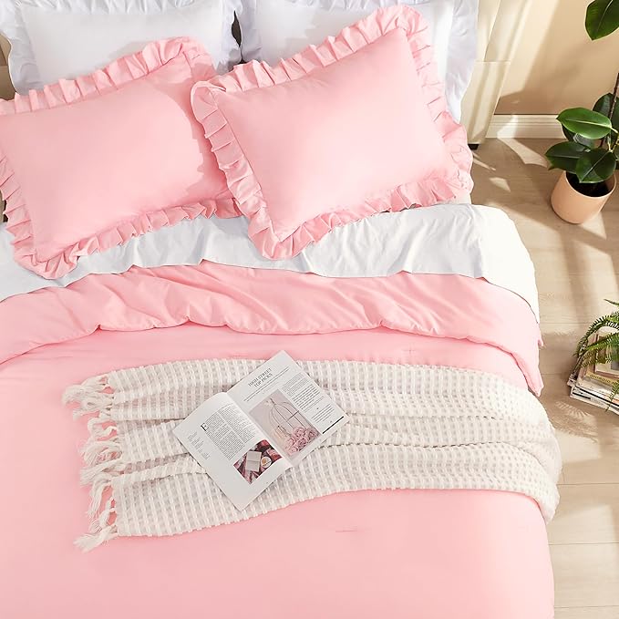 Litanika Pink King Size Comforter Set, 3 Pieces Ruffle Farmhouse Aesthetic Bedding Comforter Set, All Season Soft Lightweight Fluffy Microfiber Bed Set(104x90In Comforter, 2 Pillowcases)