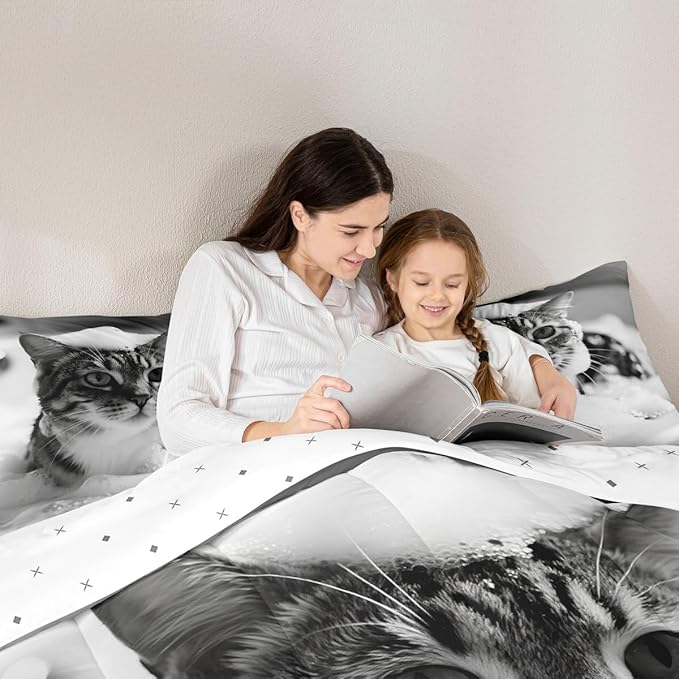 Erosebridal Cat Comforter Set Twin Size Cute Kitten Quilt Insert for Kids Men Women Kawaii Beard Animal White Grey Comforter Warm Soft Bedding Set