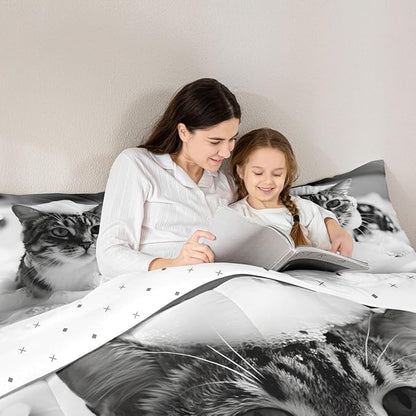Erosebridal Cat Comforter Set Queen Size Cute Kitten Quilt Insert for Kids Men Women Kawaii Beard Animal White Grey Comforter Warm Soft Bedding Set