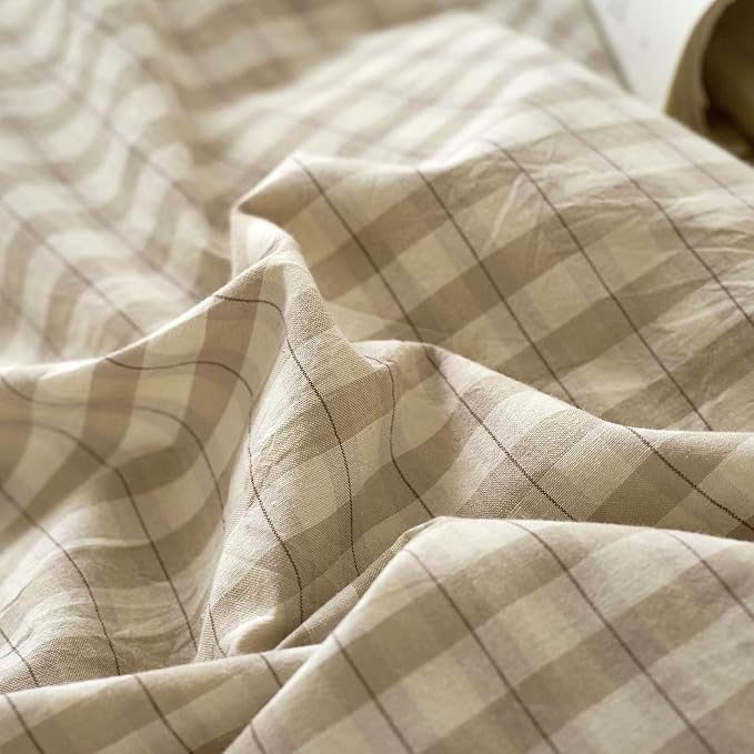 Taupe Plaid Gingham Duvet Cover King 3 Pieces Checkered Grid Duvet Cover 100% Washed Cotton Beige & Mocha Plaid Comforter Cover with Zipper Closure 2 Pillowcases Luxury Soft Breathable Bedding Set