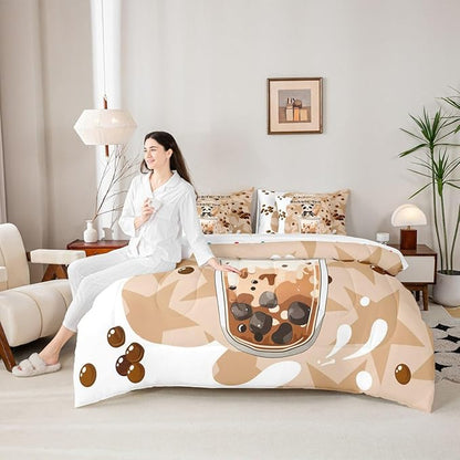 Cartoon Bubble Milk Tea 7 Pcs Bedding Sets Cute Panda Wild Animal Comforter Set for Kids Boys Girls Teens All Season (Comforter,Flat Sheet,Fitted Sheet,2 Pillowcases,2 Pillow Covers) Queen Size