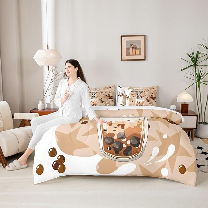 7 Pcs Cartoon Bubble Milk Tea Bedding Sets with Sheets,Comforter,Pillowcases,Pillow Covers Khaki Stars Lovely Milk Graffiti Decor Comforter Set for Kids Boys Girls Teens Bedroom Dorm Bed Set King Size