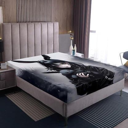 Anime Girl Bed Sheets,Anime Gifts Queen Fitted Sheet for Girls Women,Gothic 3D Japanese Girl Sheets,Black Gothic Bed Set Exotic Rabbit Printed Bedding Set