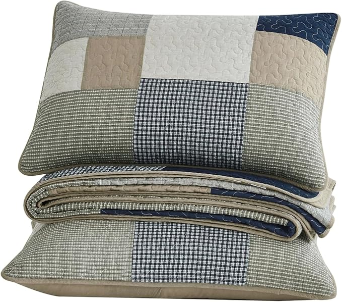 Chezmoi Collection Addy 3-Piece Navy Blue White Gray Taupe Plaid Patchwork Quilt Set - Pre-Washed Cotton Coverlet - Lightweight Reversible Bedspread, King Size
