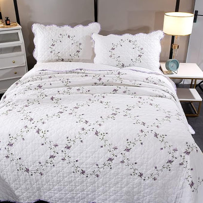 vctops 3-Piece Elegant Floral Embroidered Bedspread Coverlet Set Twin Size 100% Cotton Reversible Patchwork 1 Quilt and 2 Pillow Shams (Purple,Twin)