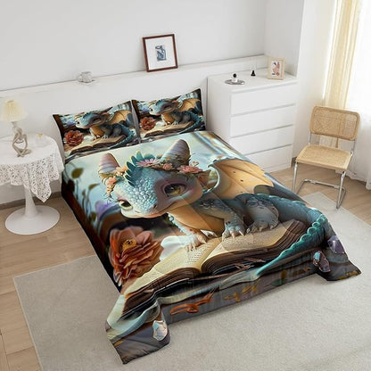 Castle Fairy Cartoon Dragon Comforter Set Full Size Fantasy Western Animal Bedding Set Toddler Bedroom Decor Wild Daisy Flower All Season Quilt Set Cute Dragons Bedding Comforter Sets,3Pcs