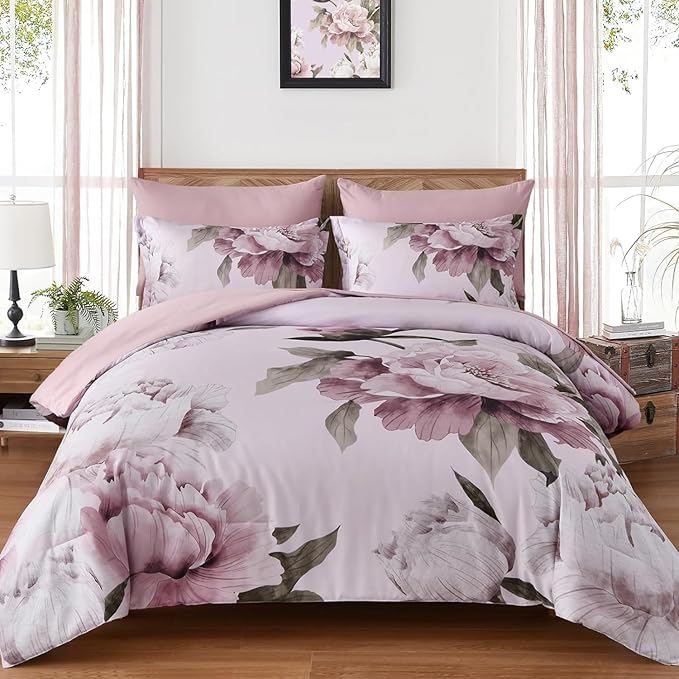 Dobuyly Pink Full Size Comforter Set 7 Piece Bed in a Bag, Blush Floral Printed on Light Pink Comforter Set with Sheets, Soft Microfiber Botanical Bedding Set for All Season