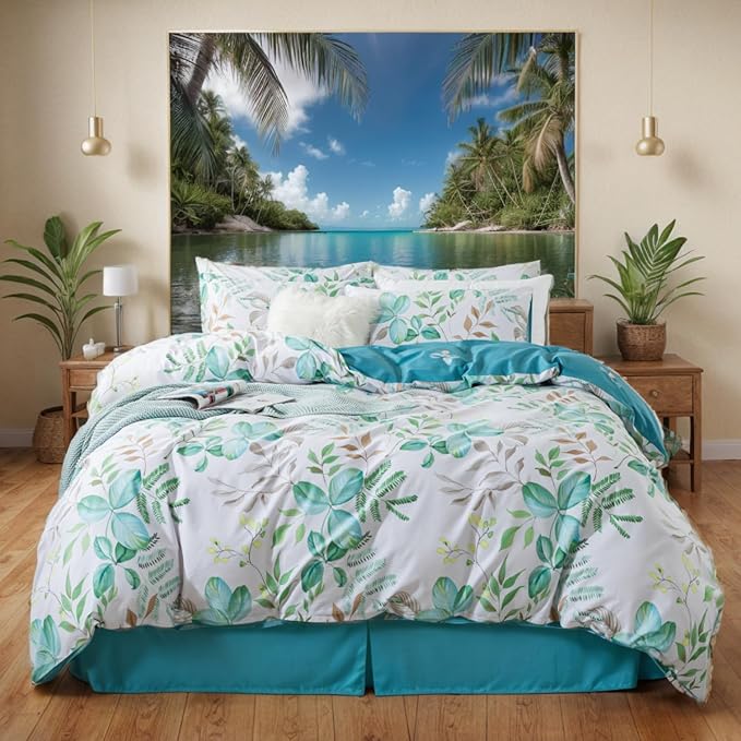 FADFAY Botanical Duvet Cover Set Twin XL 100% Cotton College Bedding Teal Green Leaves Print Comforter Cover Set Soft Breathable Dorm Room School Bedding Twin Extra Long with Zipper 3 Pieces