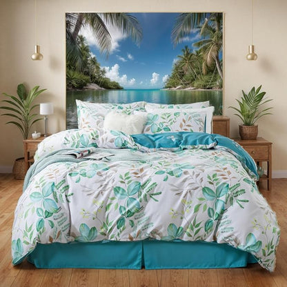 FADFAY Botanical Duvet Cover Set Twin XL 100% Cotton College Bedding Teal Green Leaves Print Comforter Cover Set Soft Breathable Dorm Room School Bedding Twin Extra Long with Zipper 3 Pieces