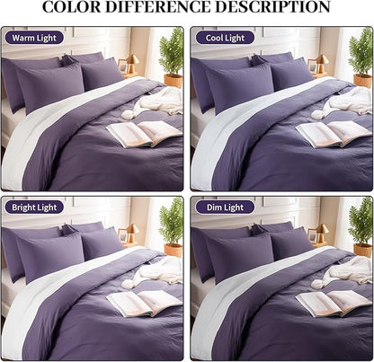 NEXHOME PRO 100% Washed Cotton Duvet Cover Twin Size, Ogranic Natural Linen Feel Breathable Bedding Set with Zipper Closure, 2 Pieces Duvet Cover Set Eggplant (No Comfortert) 6890