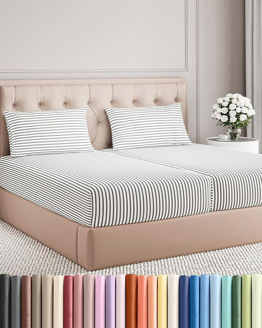 Split King Size 5 Piece Sheet Set - Comfy Breathable & Cooling Bed Sheets Set - Hotel Luxury Bedding for Women, Men, Kids, Teens, Boys & Girls - Deep Pockets & Wrinkle Free - Oeko-Tex - Grey Stripes 2