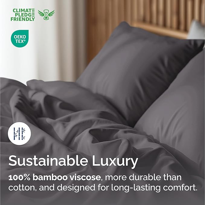 100% Rayon Derived From Bamboo - Bamboo Sheets Queen Size - Cooling Sheets for Queen - Soft, Breathable & Hotel Luxury Bedding - 1 Flat & 1 Fitted & 2 Pillowcases w/ 16 Inch Deep Pockets - Dark Grey