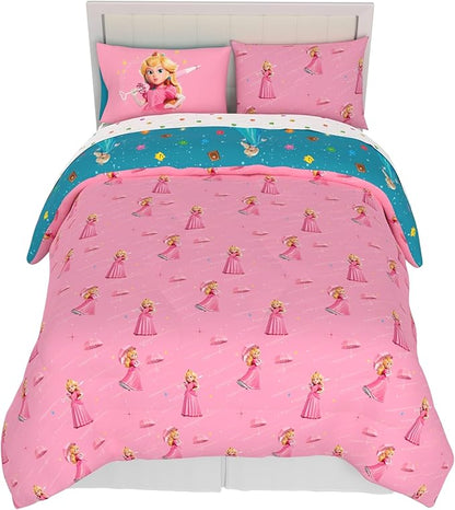 The Super Mario Galaxy Movie Bedding Set, Full Size 7 Piece Set Kids Super Soft Cozy Reversible Comforter and Sheet Set with Sham, Princess Peach (100% Officially Licensed Product) by Franco