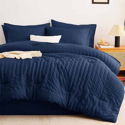 CozyLux Twin Comforter Set with Sheets 5 Pieces, Navy Blue Seersucker Textured Bed in a Bag, Luxury Soft Bedding Sets with Down Alternative Comforter, Sheets, Pillowcase & Sham for All Seasons