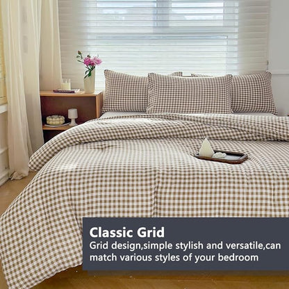 NSNLGSGC Twin Comforter Set, Tan Gingham Bedding Sets, Brown Grid Bed Comforter 2 Pieces (1 Comforter, 1 Pillowcase)