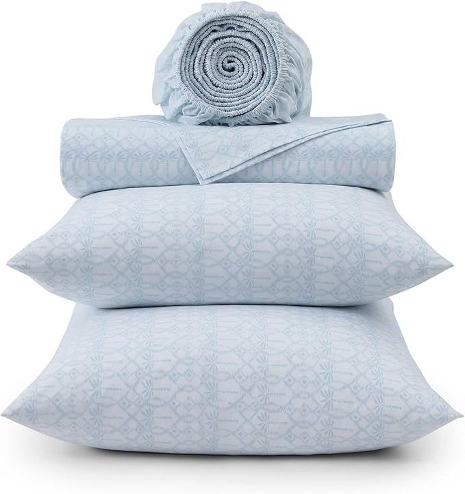 Tommy Bahama - King Size Sheet Set, 100% Cotton Percale Bedding with a Crisp & Cool Feel, Bed Sheets with Matching Fitted Sheet & Pillowcases (Palm Tree Ikat Blue)