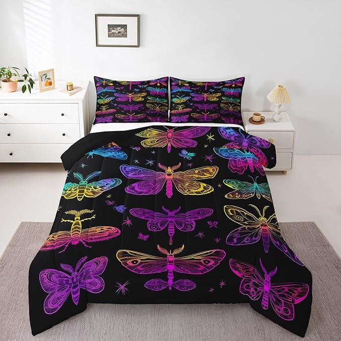Butterfly Bedding Set, Gothic Ombre Dragonfly Comforter Set for Kids Teens, Gradient Rainbow Death Moth Bedding Comforter Sets Halloween Decoration Bedding, Psychedelic Colorful Wildlife Quilt, King