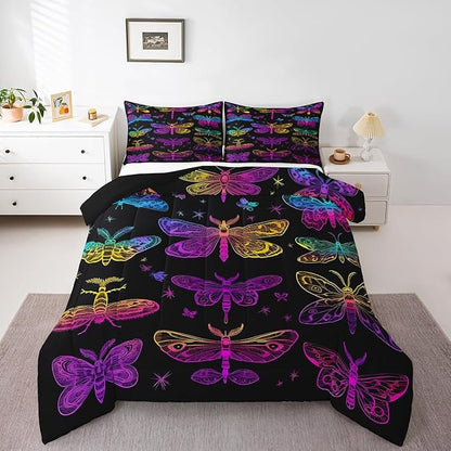 Butterfly Bedding Set, Gothic Ombre Dragonfly Comforter Set for Kids Teens, Gradient Rainbow Death Moth Bedding Comforter Sets Halloween Decoration Bedding, Psychedelic Colorful Wildlife Quilt, King