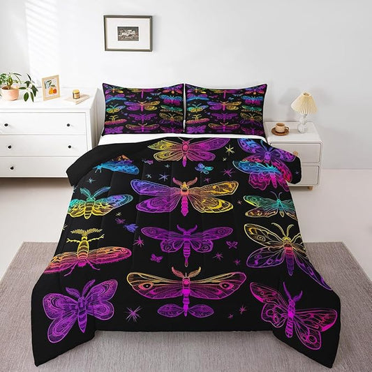 Butterfly Bedding Set, Trippy Ombre Dragonfly Comforter Set for Kids Girls Teens, Gradient Rainbow Butterflies Bedding Comforter Sets, Psychedelic Colorful Moth Quilt Halloween Bedroom Decor, Queen