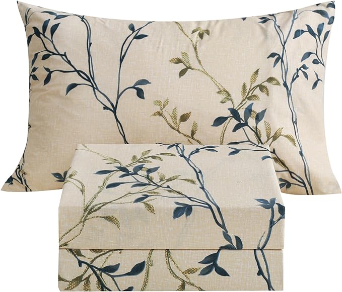 JSD Beige Leaves Print Sheet Set Twin Size, 3 Piece Soft Botanical Microfiber Sheets Extra Deep Pocket