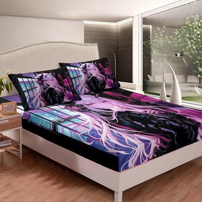 Erosebridal Japanese Anime Fitted Sheet Twin Size, Anime Girl Bedding Set Kawaii Japanese Style Bedding Set Cartoon Japan Animation Bed Set for Boys Teens Adult Women Bedroom Decor