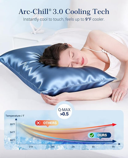 Elegear Cooling Pillow Cases for Hot Sleepers, Upgraded Arc-Chill Cooling Satin Pillowcase Q-max>0.5, Soft Silky Satin Pillowcase for Hair & Skin, Luxury Zipper Pillowcase Cover Set of 2-King,Blue