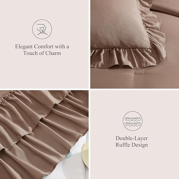 Queen Comforter Set Amber Brown, Ruffle Shabby Chic Bedding Set Farmhouse 7 Pieces, All Season Fluffy Bed in a Bag with Sheets, Pillowcases & Shams