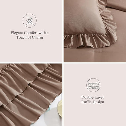 Full Comforter Set Amber Brown, Ruffle Shabby Chic Bedding Set Farmhouse 7 Pieces, All Season Fluffy Bed in a Bag with Sheets, Pillowcases & Shams