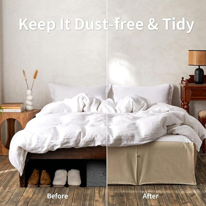 BISELINA French Linen Bed Skirt Split Corner with Button 14-Inch Tailored Drop Natural Flax Cotton Blend Basic Dust Ruffle Soft Cozy (14" Queen,Button Linen)