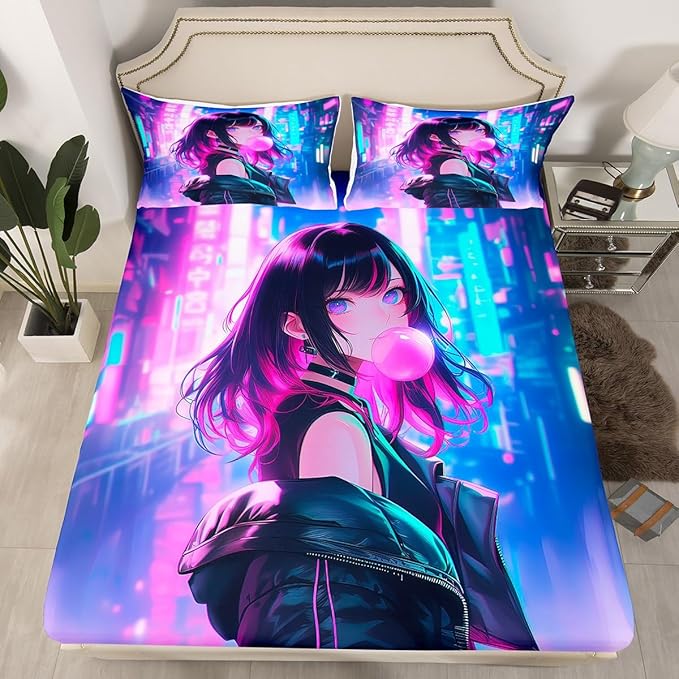 Erosebridal Anime Girl Bedding Set Queen Size, Kawaii Japanese Anime Bed Sheets for Kids Boys Teens Adult Women, Cartoon Girl Fitted Sheet Japan Animation Bedroom Decor, Machine Washable
