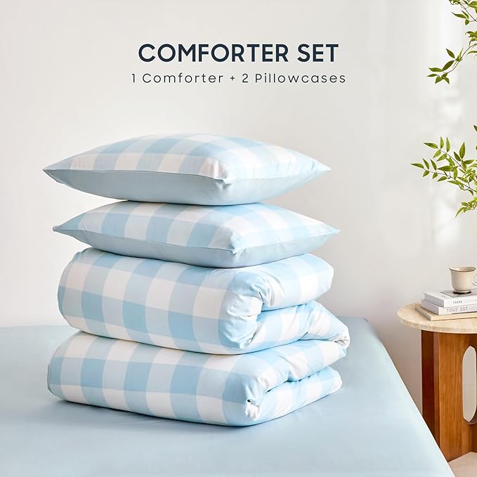 Wake In Cloud - Gingham Comforter Set, Plaid Buffalo Check Checkered Cottagecore Cute Geometric, Soft Lightweight Bedding, 3 Pieces, Light Blue White, Queen Size